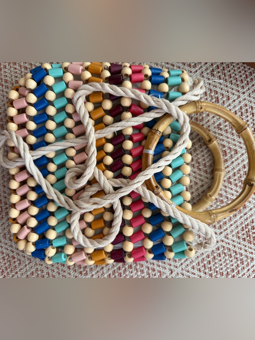 Multicolor Wood Beaded Crossbody Bag with Bamboo Handles - Picture 3 of 3